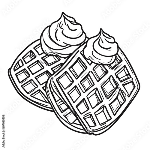 Hand-drawn black and white illustration of two Belgian waffles with whipped cream.