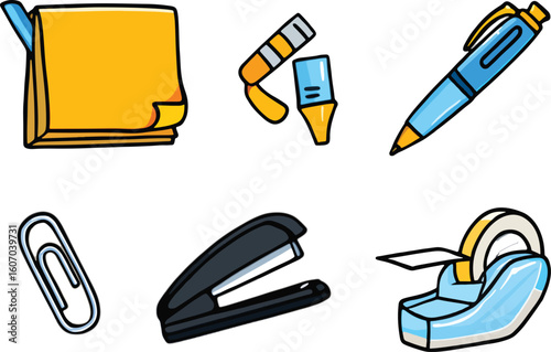 Yellow notepad blue pen black stapler paperclip tape dispenser highlighters style vector illustration EPS file download	