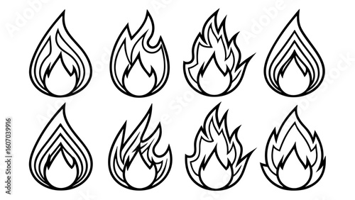 Fire flame line set icons in line art style collection