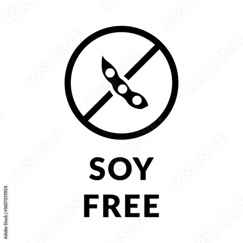 Soy Free Vector Flat Icon Design on White Background. Allergen Free in Circle Prohibition Sign. Organic Food Allergen Free Label with soy beans for Web, Packaging. 
