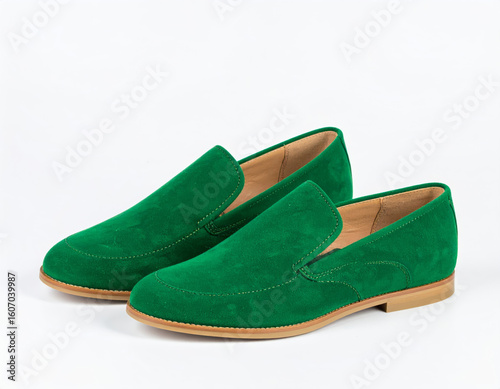 Two bright green suede loafers are centered against a clean white background. The loafers are stylish and elegant, showcasing their soft suede texture, fine stitching, and modern design. Perfect for f