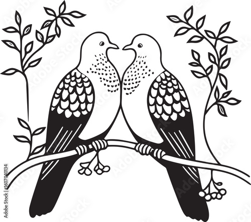 Colorful tropical parrots perch on a leafy branch illustration with spring flowers, embodying nature's cute wildlife design