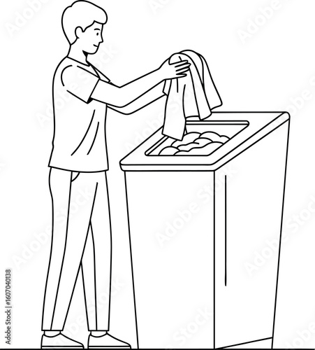 Man Loading Laundry into Washing Machine Line Art Illustration