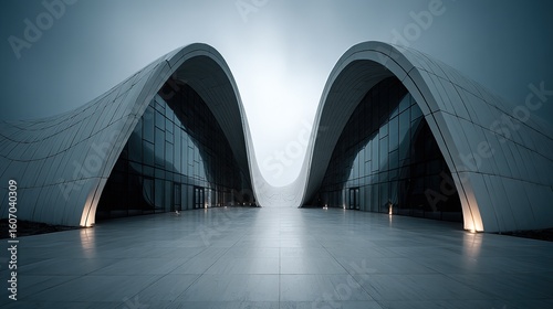 Minimalist architectural photography, with white vertical lines on a grey background, has a futuristic feel. 