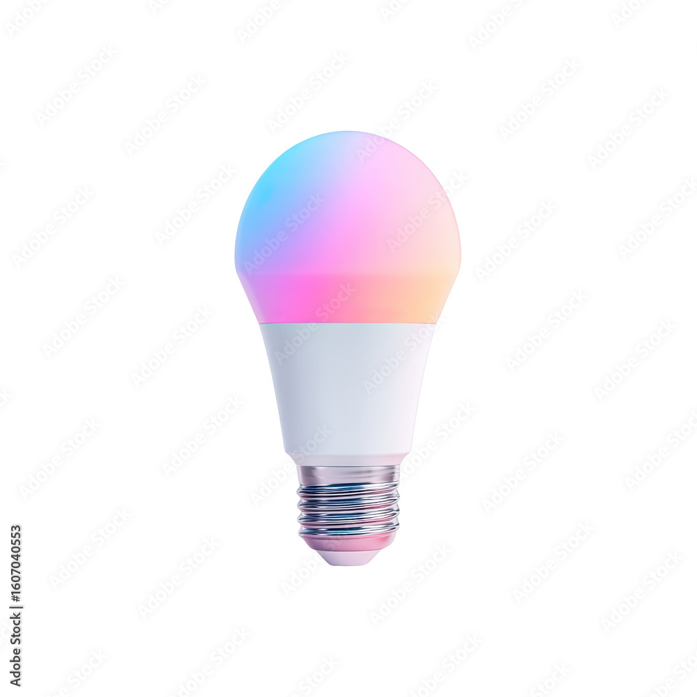 Obraz premium Colorful LED light bulb emitting vibrant hues of pink and blue on a white background perfect for modern home decor