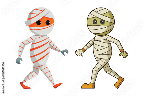 Cartoon mummies with bandages wrapped around their bodies, one with orange stripes and the other with a greenish hue, walking on a white background
