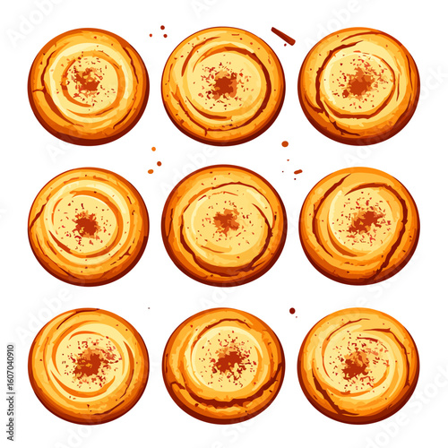 Illustrated set of nine round sweet buns with a creamy swirl and spice topping.