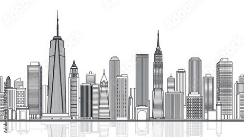 A detailed black and white line drawing of a city skyline with skyscraper reflections on the water
