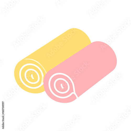 A pair of rolled-up towels or yoga mats in pastel yellow and pink colors, shown in a minimalist flat icon style.