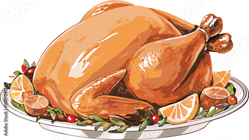 Festive roasted turkey with orange slices and cranberries on a platter