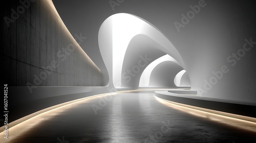 Minimalist architectural photography, with white vertical lines on a grey background, has a futuristic feel. 
