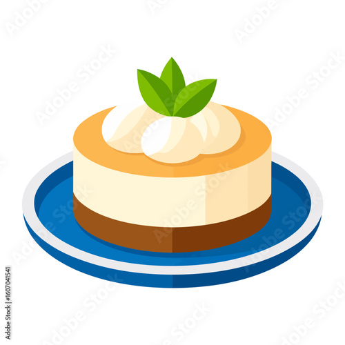Flat vector illustration of a mini cheesecake with whipped cream and a mint sprig garnish on a blue plate.