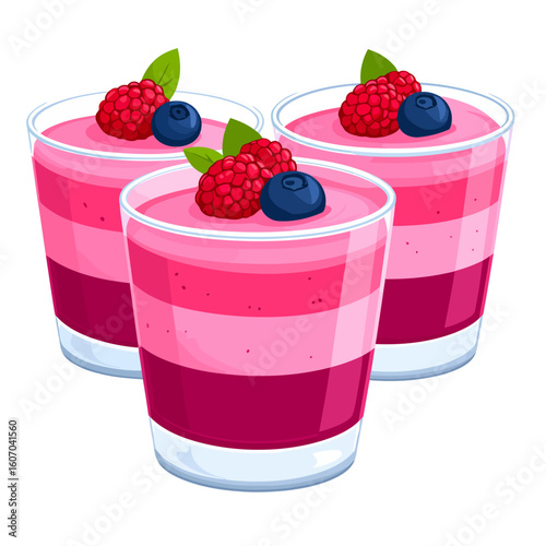 Three glasses of layered pink berry mousse with fresh raspberry and blueberry topping