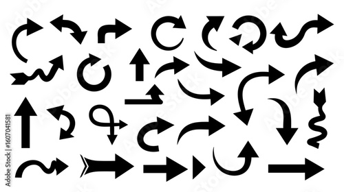 A collection of various black arrow silhouettes vector.