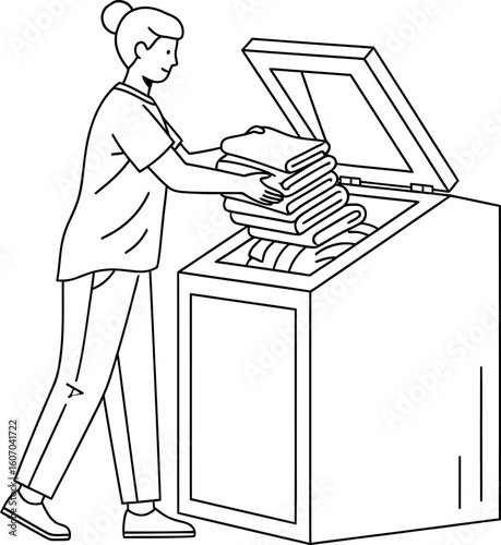 Line Art Illustration of Woman Putting Away Folded Laundry