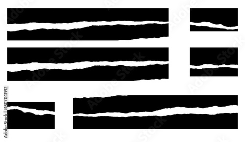 Torn long pieces of paper set. Black paper strips with jagged and even edges. Ripped fragment collection.