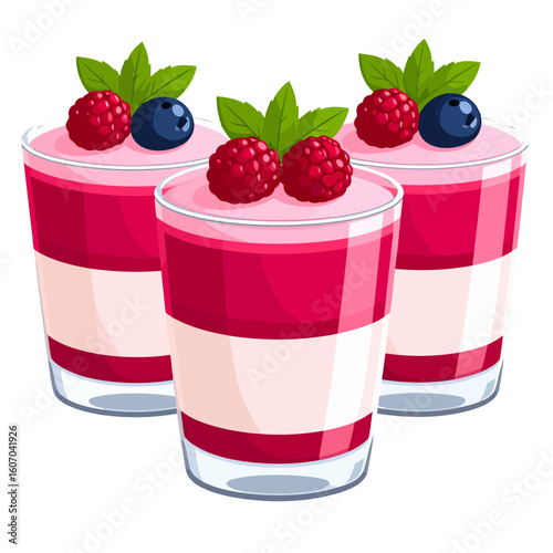 Three glasses of layered berry mousse dessert, garnished with fresh raspberries, blueberries, and mint leaves.