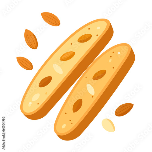 Two crunchy Italian almond biscotti slices with whole nuts. A classic twice-baked cookie treat in a flat vector illustration style.