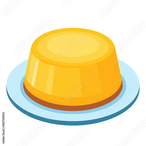 Shiny yellow custard pudding, a classic flan dessert with a smooth glossy texture, served on a light blue plate.
