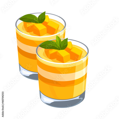Two glasses of layered mango mousse dessert, garnished with fresh diced mango and mint leaves.