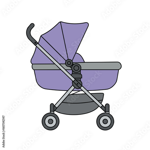 Baby stroller in purple color with wheels and adjustable hood on isolated background