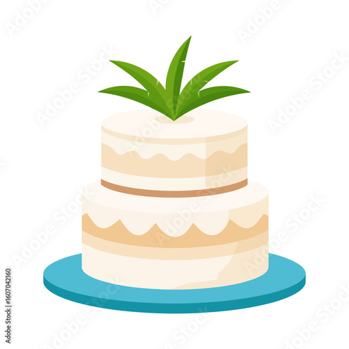 A two-tiered cream celebration cake with scalloped frosting, topped with green leaves on a blue plate.