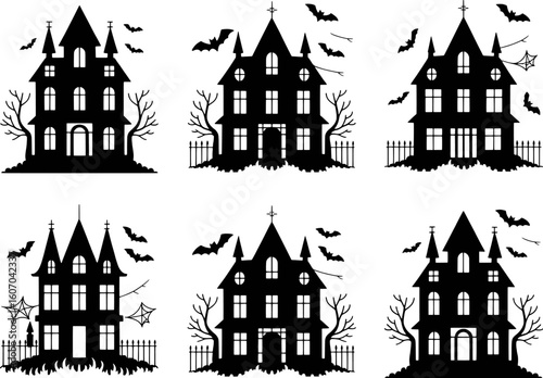Spooky haunted houses with bats and cobwebs halloween