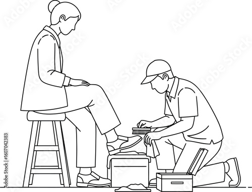 Shoe Shining Service Line Art Illustration - Man Polishing Woman's Footwear