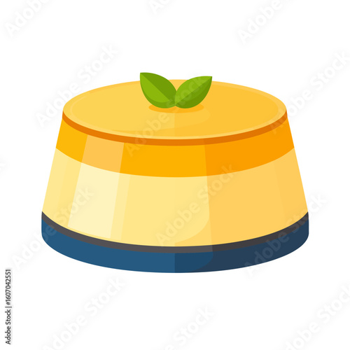 Stylized layered custard pudding with a glossy caramel topping and fresh mint garnish.