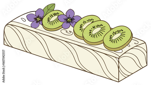 Delicious kiwi cake dessert recipe with fresh fruit and flower decoration for bakery and pastry shop