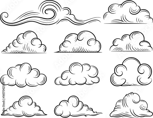 Stylized cloud designs with swirling lines and shading weather abstract