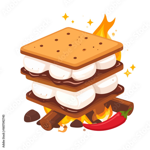 Spicy double-decker s'more with chili pepper, melted chocolate, and marshmallows on a campfire.