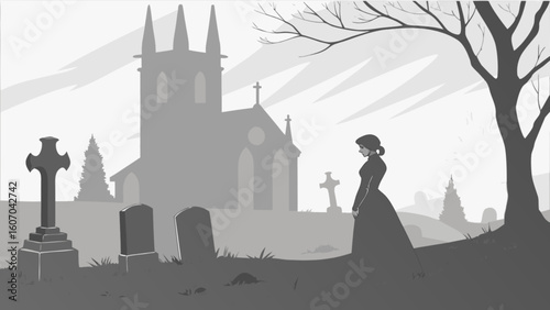 Gothic graveyard scene with mourning woman and church vector illustration for halloween and remembrance day design