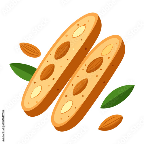Two golden-brown Italian almond biscotti cookies, sliced to show a crunchy texture, with whole almonds and green leaves.