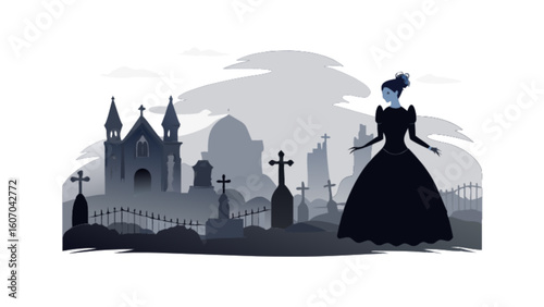 Victorian ghost woman in graveyard cemetery halloween gothic spooky haunted scary creepy scene vector art