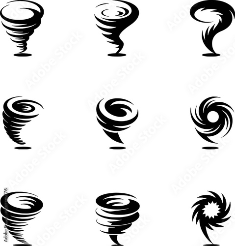 Swirling vortex storm funnel cloud cyclone hurricane symbol set tornado