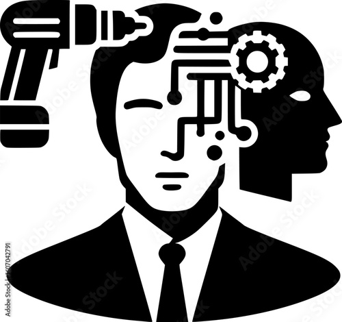 Minimalist black and white robot icon replacing human work. Clean lines, no shading. Ideal for logos, stickers, or digital use. Modern and scalable.