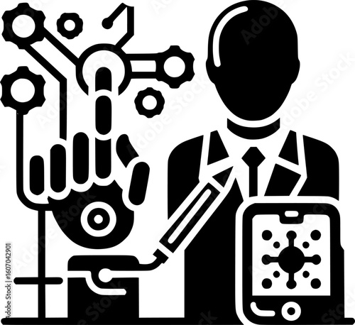 Minimalist black and white robot icon replacing human work. Clean lines, no shading. Ideal for logos, stickers, or digital use. Modern and scalable.