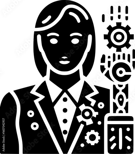 Minimalist black and white robot icon replacing human work. Clean lines, no shading. Ideal for logos, stickers, or digital use. Modern and scalable.