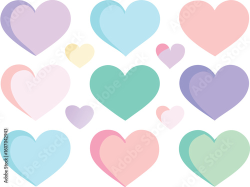 A collection of soft pastel colored hearts arranged in a grid pattern