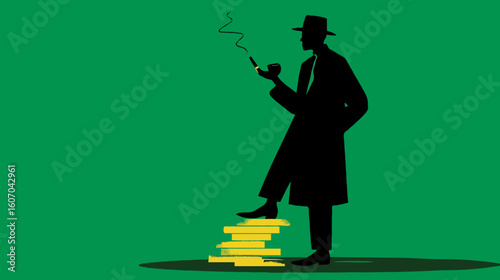 Silhouette of detective smoking pipe standing on books
