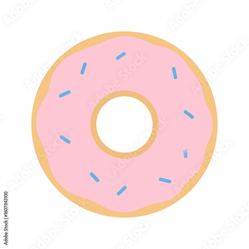 A simple flat illustration of a classic donut with pink frosting and blue sprinkles.