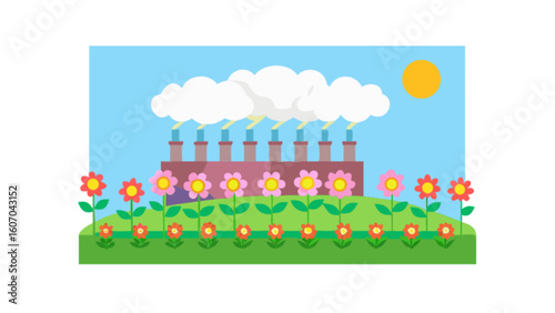 Factory pollution with flowers and sun cartoon vector illustration environmental issues and industry design