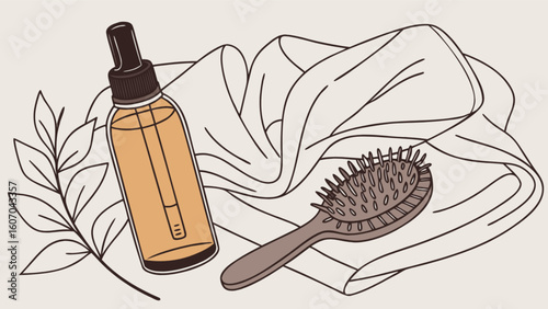 Hair oil serum for healthy hair growth and hair brush for styling on silk scarf illustration