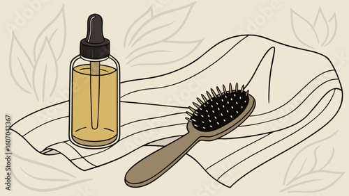 Hair care oil treatment and hairbrush for healthy hair growth and beauty routine essentials product display