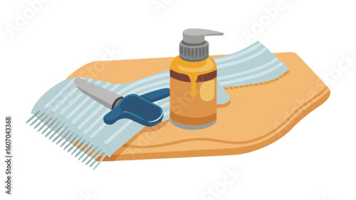 Hair treatment oil bottle with applicator and towel on wooden tray for salon or home use illustration