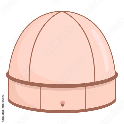 Light pink cartoon beanie hat with a rolled cuff and distinct brown panel seams.