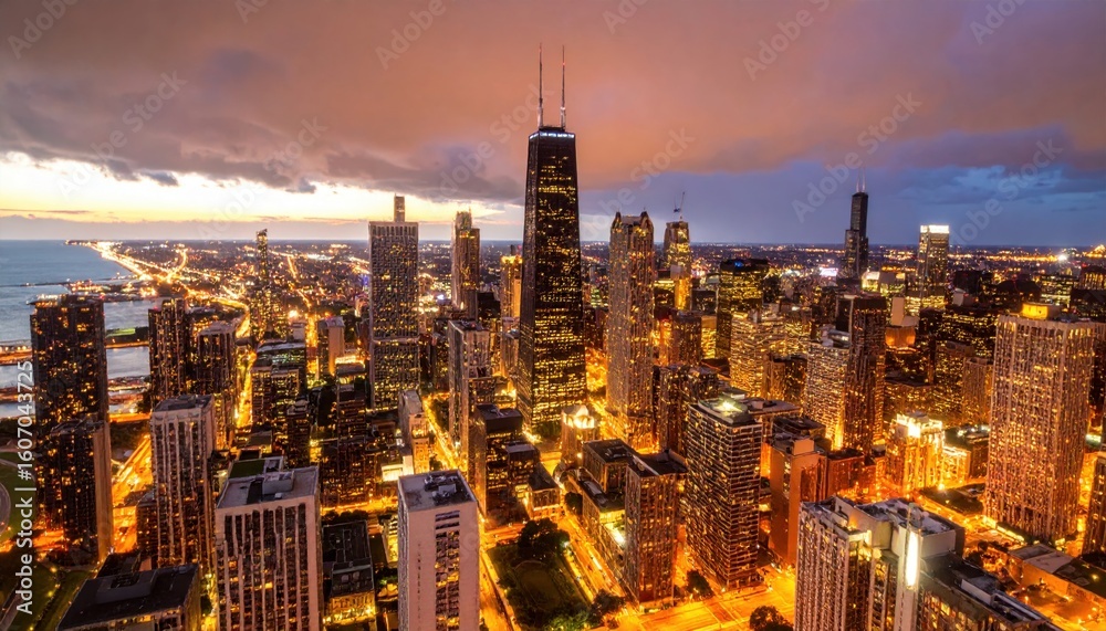 Naklejka premium Chicago's skyline glows under a dramatic sunset sky, featuring the iconic John Hancock Center