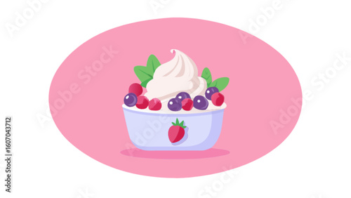 Delicious frozen yogurt dessert with fresh berries and strawberry topping vector illustration design art