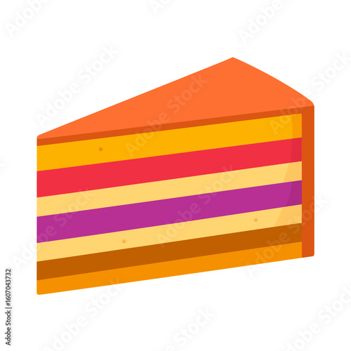 Vibrant slice of a multi-layered cake with colorful sponge and orange frosting.